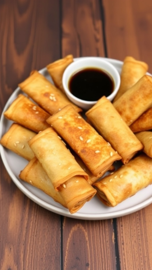Crispy air fryer steak egg rolls served with soy sauce on a rustic wooden table.
